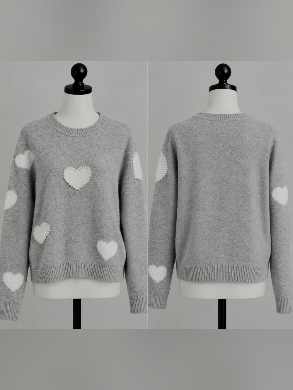 Jessica Simpson pearl trimmed white hearts fuzzy gray stretchy sweaters size
